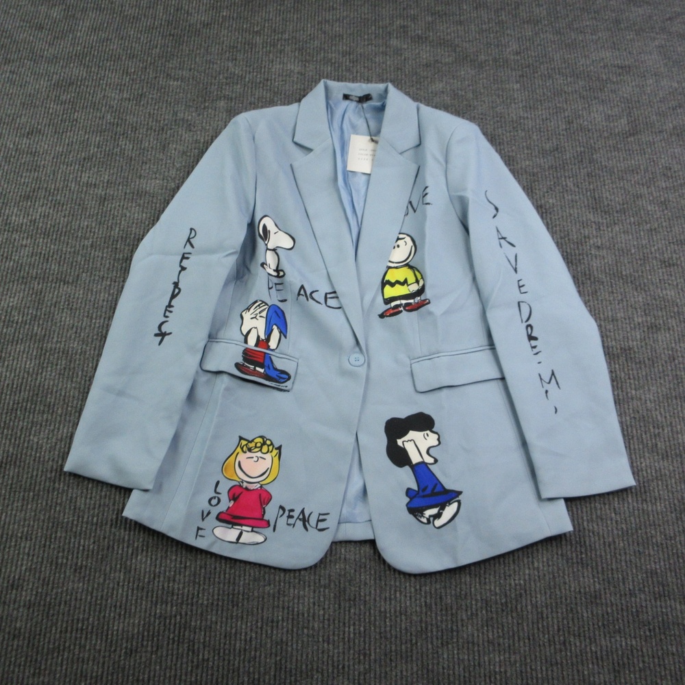 CIRKA Blazer Womens L Blue Cartoon Peanuts Print Single-Breasted Lined Pockets